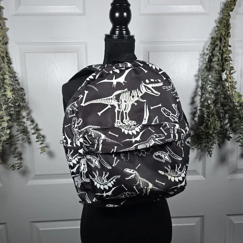 Black Backpack White T-Rex Dinosaur Skeleton Pattern And Matching Lunchbox